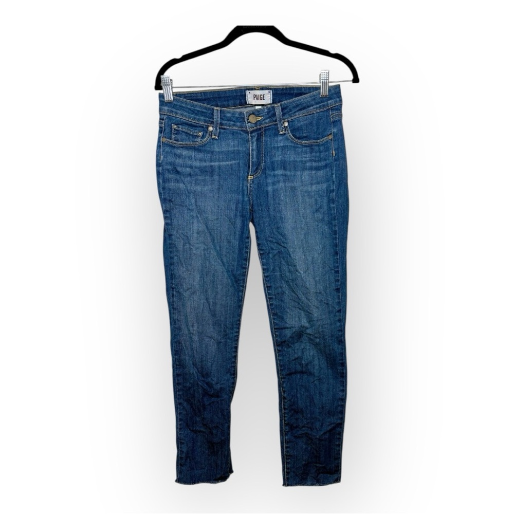 Paige Blue Mid-Rise Skinny Ankle Jeans Distressed Detail Minimalist Size 27